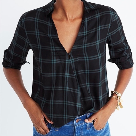 Madewell Surplice Wrap-Front Shirt Palma Plaid Green Soft Weave Size Small - Picture 1 of 8
